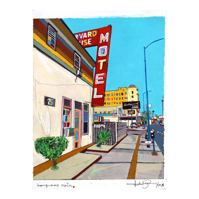 Hollywood Motel - Original Abstract Cityscape Colorful Layered Mixed Media Art by Fabio Coruzzi For Sale