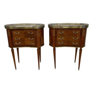 Early 20th Century Louis XVI Style End or Bedroom Side Tables with Marble and Brass Gallery Tops - A Pair For Sale