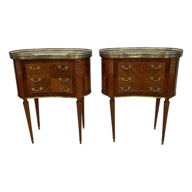 Early 20th Century Louis XVI Style End or Bedroom Side Tables with Marble and Brass Gallery Tops - A Pair For Sale