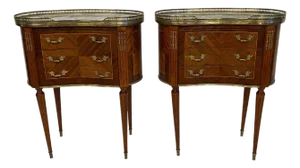 Early 20th Century Louis XVI Style End or Bedroom Side Tables with Marble and Brass Gallery Tops - A Pair
