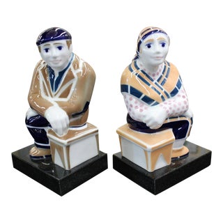 1960s Sargandelos Ceramic Bookend Sculptures Black Marble Bases Mid Century Deco Spain For Sale