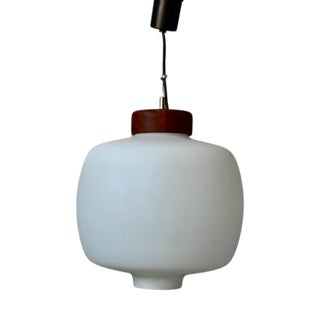 Suspension Lamp in Wood and Opaline Glass attributed to Reggiani For Sale