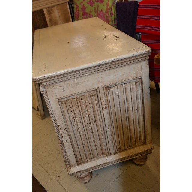1940s Vintage Karpen Furniture Gothic Cream Wood Lockable Cabinet W/ Black Iron Strap Hinges & Carved Faces For Sale - Image 9 of 12