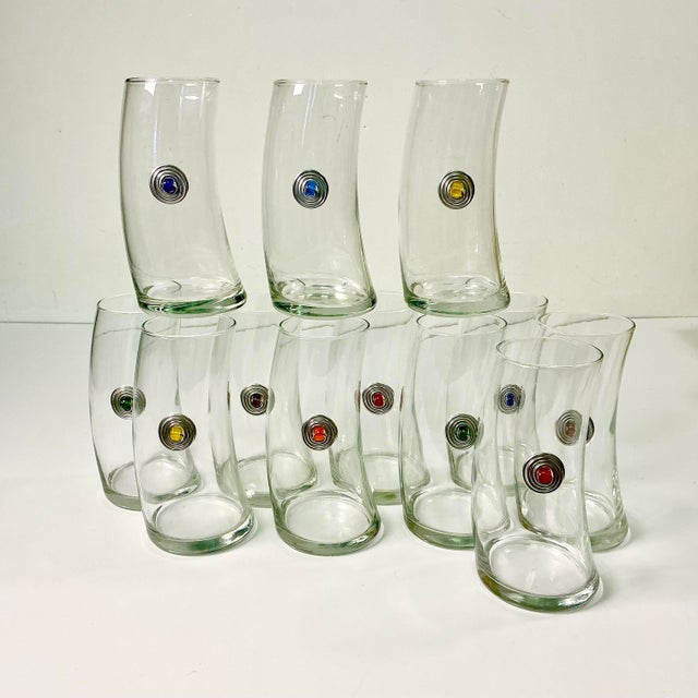 Metal 1980s Vintage Memphis Postmodern Bent Glass Sterling Medallion Tall Boy Tumblers - Set of 12 For Sale - Image 7 of 15