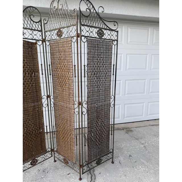 Vintage Wrought Iron & Woven Rattan Folding Room Divider Screen For Sale - Image 11 of 12