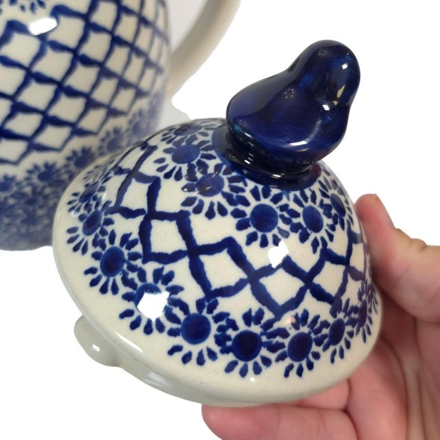 Vintage Boleslawiec Polish Pottery Teapot With Bird Finial For Sale - Image 10 of 16