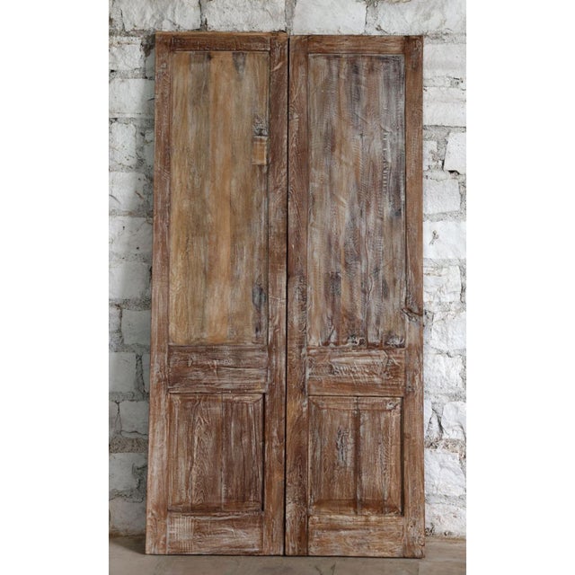 Mid-Century Modern Vintage Carved Double Doors With Brass Studs – Rustic Sliding Barn Door Statement 80x42 For Sale - Image 3 of 4