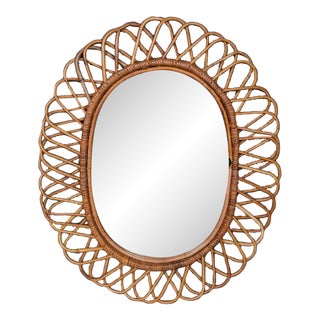 Vintage Italian Oval Mirror With Rattan Frame, Circa 1960s For Sale