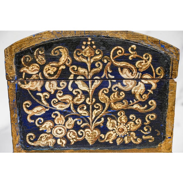 Striking Hand Painted Antique Domed Wood Casket Box With Key Madonna and Child Religious Scene For Sale - Image 15 of 18