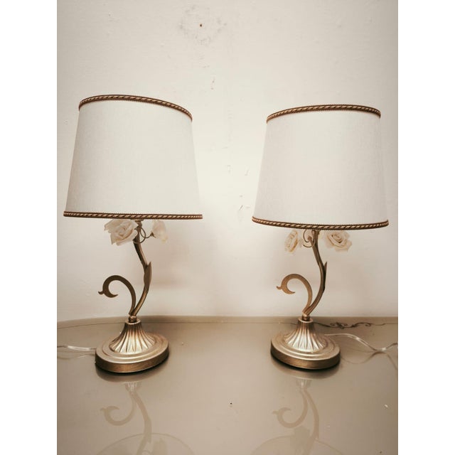 Small Lamps with Ceramic Roses and Fabric Lampshades, 1980s, Set of 2 For Sale - Image 12 of 12