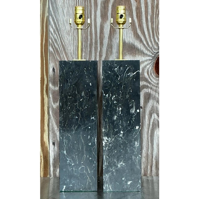 Metal Vintage Boho Solid Black Marble Lamps - a Pair For Sale - Image 7 of 10