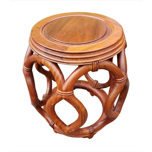 Pair of Chinese Solid Rosewood Faux Rattan Garden Style Stools or Side Tables For Sale - Image 10 of 10