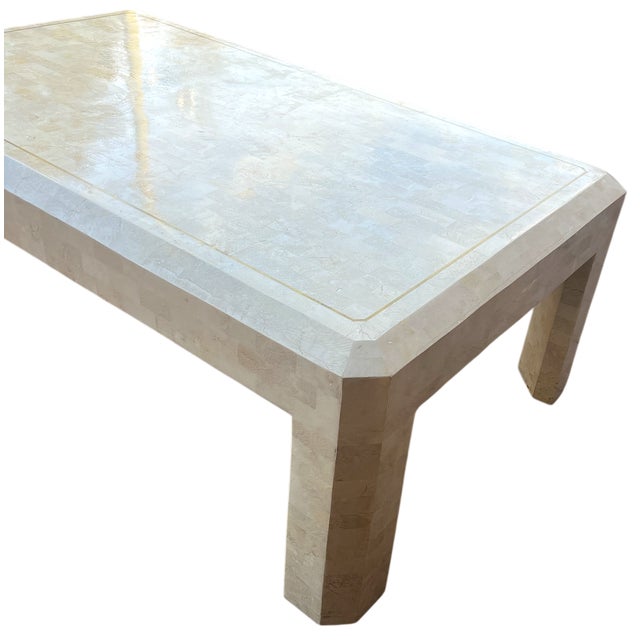 Late 20th Century Vintage Tessellated Travertine Stone and Brass Coffee Table Attributed to Maitland-Smith Karl Springer, 45" X 27" For Sale - Image 5 of 12