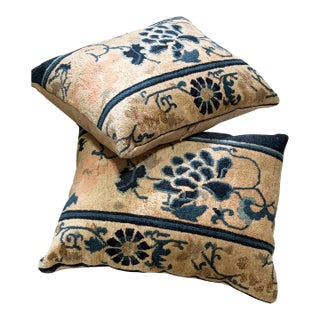 Custom Made Set of Two Pillows W/Antique Chinese Rug Fragment 19.5" W For Sale