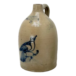 Outstanding Antique Mid 1800s American Blue Bird Decorated 2 Gallon Jug by New York Stoneware Company Fort Edwards