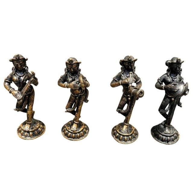 Indian Vintage Indian Brass Musician Figurines Set of 4 Dhokra Style Folk Art 5.25" For Sale - Image 3 of 14
