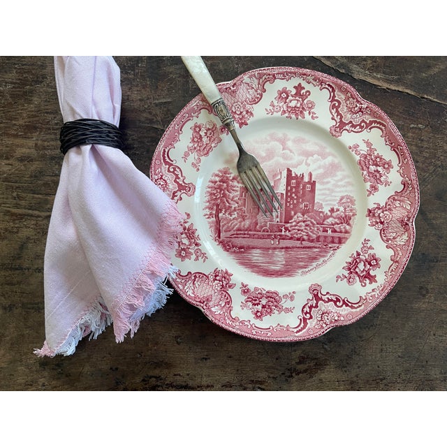Vintage English Pink Transferware Dinner Plates in Old Britain Castles - Set of 7 For Sale - Image 10 of 12