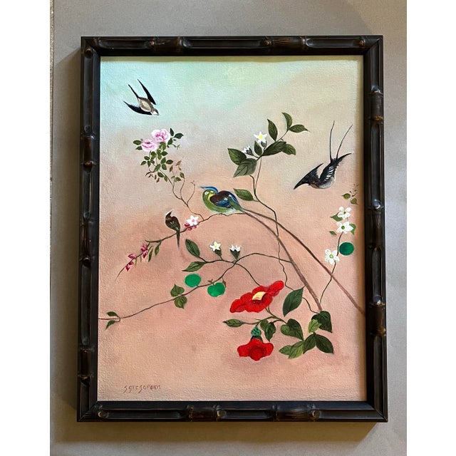 Original oil painting on canvas laid down on board of exotic birds among lotus, orchids, chrysanthemums and bamboo by...