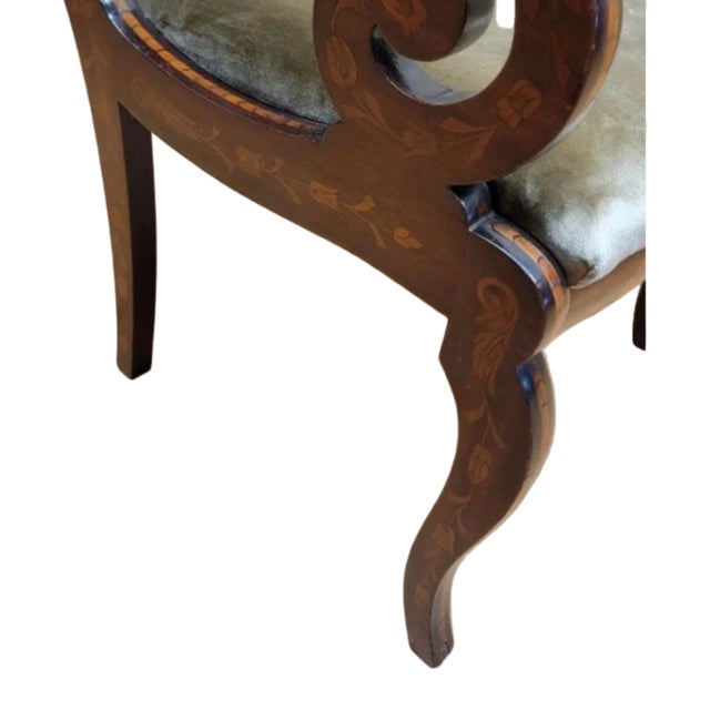 Antique Neoclassical Inlaid Scroll Arm Armchair Desk Chair Newly Reupholstered in Gold Velvet For Sale - Image 11 of 11