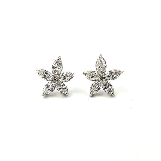 Silver 2.89 Ct Flower-Shaped Marquise Diamond Studs, A Pair For Sale - Image 8 of 8