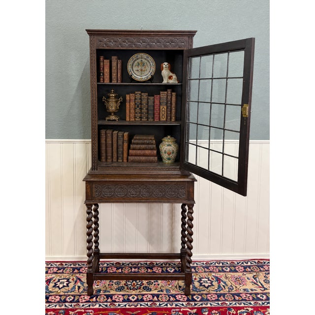 Wood Antique English Oak Jacobean Revival Barley Twist Bookcase Display Cabinet 1900s For Sale - Image 7 of 18