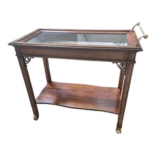 Vintage Rolling Wood / Brass Bar Tea Cart For Sale