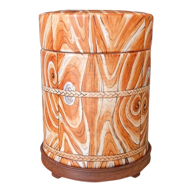 Mid 20th Century Chinese Ceramic Faux Bois Canister / Covered Jar on Wood Stand For Sale