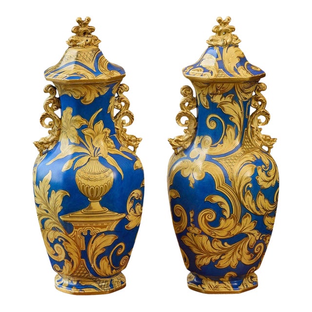 Pair of English 1840s Mason’s Ironstone Lidded Vases With Blue & Gilt Scrollwork For Sale