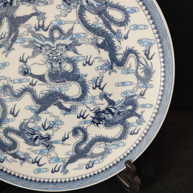 White Chinese Ceramic Plate,Blue and White Porcelain Plate Hand Painted Dragon Pattern For Sale - Image 8 of 11