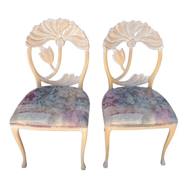 Phyllis Morris Style Vintage Lime Wash Lotus Ginkgo Flower Wood Carved Dining Room Chairs- A Pair For Sale