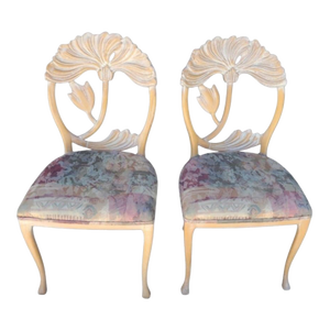 Phyllis Morris Style Vintage Lime Wash Lotus Ginkgo Flower Wood Carved Dining Room Chairs- A Pair