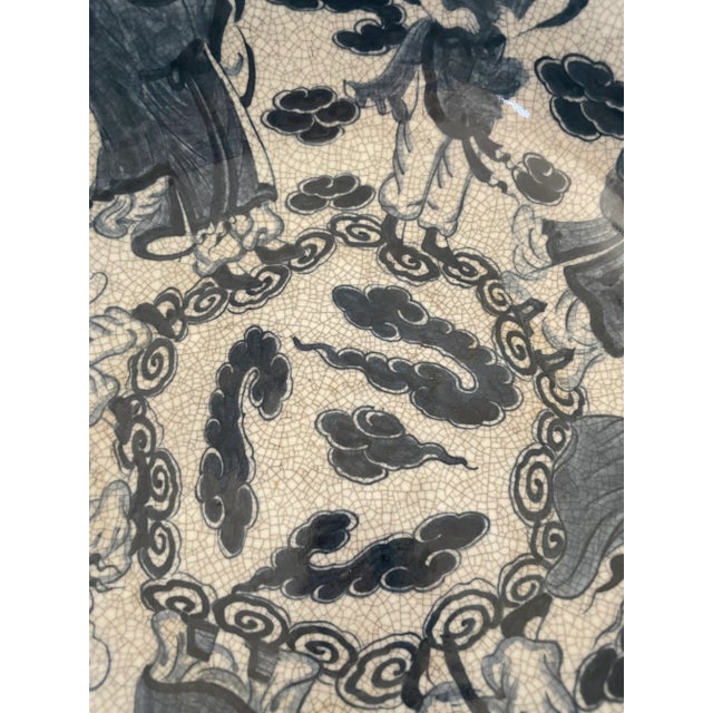 Chinese Antique Chinese Eight Immortals Blue & White Crackled Glass Ceramic Bowl, Marked For Sale - Image 3 of 10