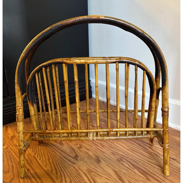 Coastal Tortoise Shell Bamboo & Rattan Arched Handle Collapsible Magazine Rack For Sale - Image 4 of 11