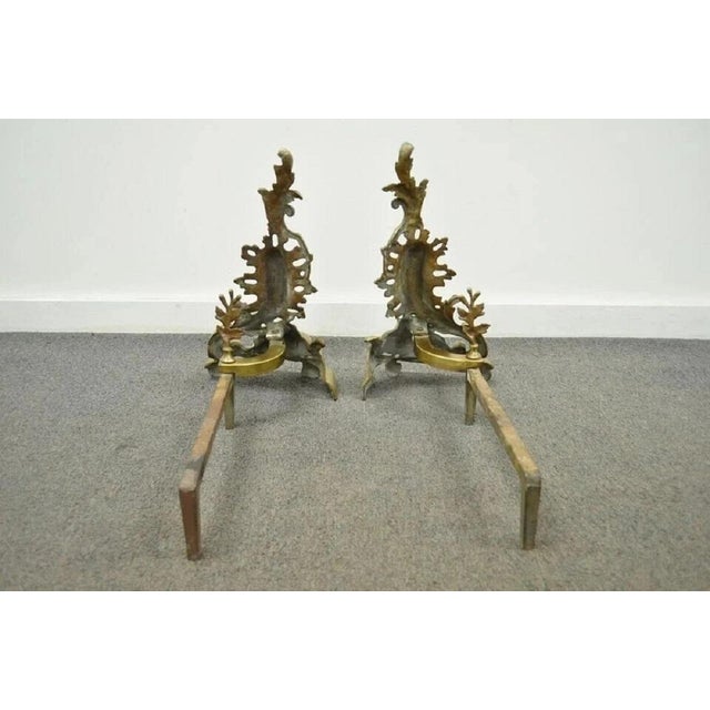 Antique French Louis XV Rococo Style Bronze Brass Acanthus Andirons - A Pair For Sale - Image 10 of 11