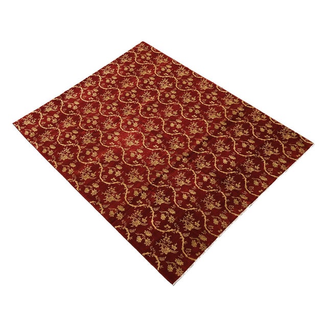 Chinoiserie 8x10 Deep Red & Gold Chinoiserie Rug | 8'2"x10'3" Hand-Knotted Afghan Wool For Sale - Image 3 of 8