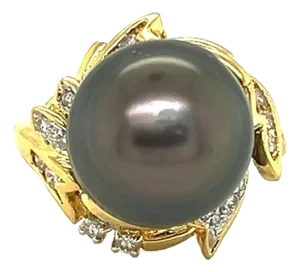 Diamond 14mm Tahitian Pearl Ring in 18k Yellow Gold, Size 6