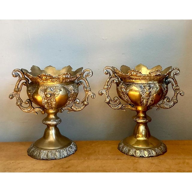 Contemporary Vintage Brass Cherub Urns - A Pair For Sale - Image 3 of 12