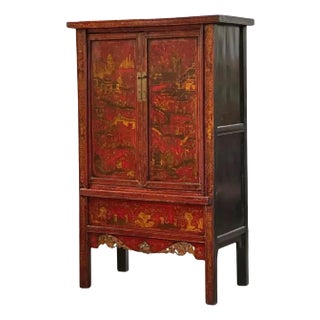 Large Chinoiserie Red Lacquered Cabinet or Armoire With Gilt Accents For Sale