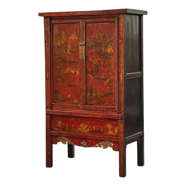 Large Chinoiserie Red Lacquered Cabinet or Armoire With Gilt Accents For Sale