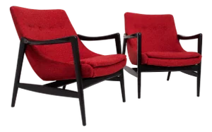 Mid-Century Modern RednChenille Lounge Chairs - A Pair