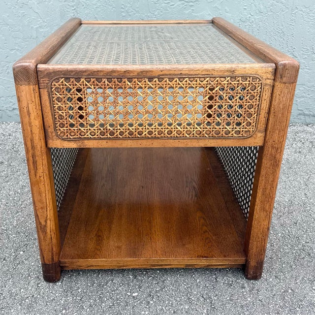 Boho Chic Vintage Boho Chic Cane and Oak Glass Top Side Table For Sale - Image 3 of 7