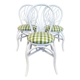 Set of 3 White Rattan Dining Chairs With Green Gingham Cushions For Sale