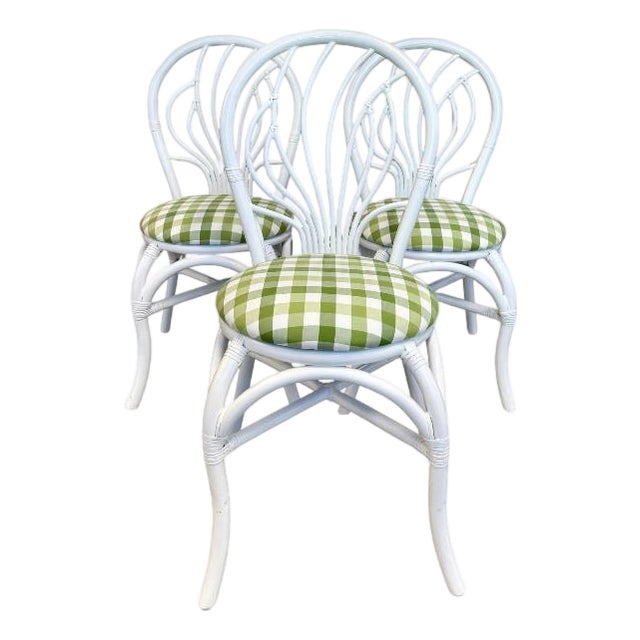 Set of 3 White Rattan Dining Chairs With Green Gingham Cushions For Sale
