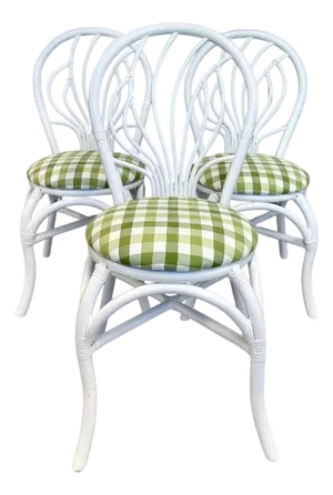 Set of 3 White Rattan Dining Chairs With Green Gingham Cushions