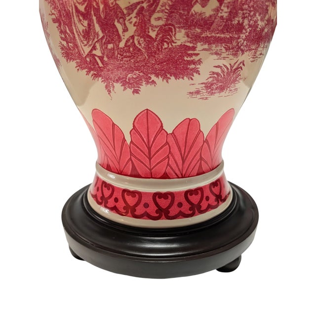 Vintage Red Toile Decorated Table Lamp and Shade For Sale - Image 10 of 16