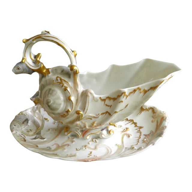 Limoges a Superb & Rare Rocaille-Style Seashell Sauceboat W/ Waves & Fish 1891-1890 For Sale