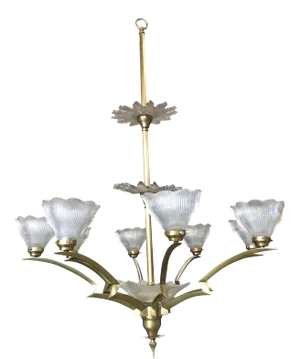 Bronze Modernist Lighting Bolt Chandelier with Holophane Glass Fixtures