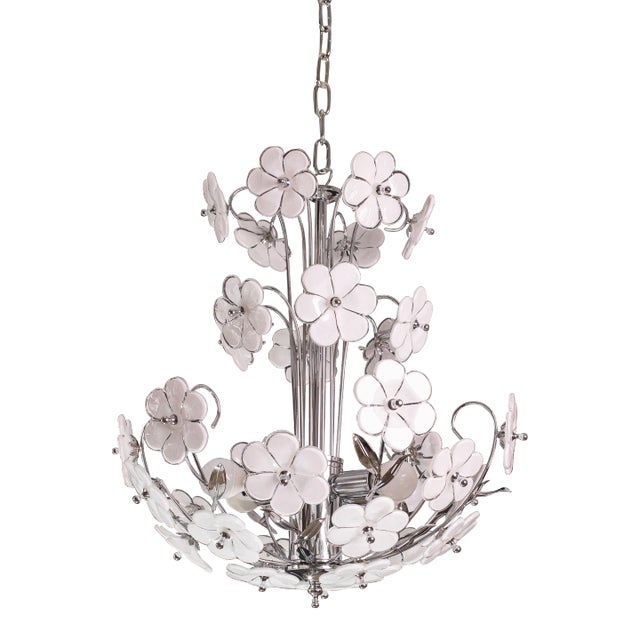 Murano Chandelier in White Flowers, Bath Silver, 1980s For Sale