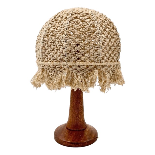 Bohemian Table Lamp in Turned Wood and Macrame, 1970 For Sale