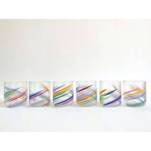 Vintage 1980s Post Modern Hand Blown Studio Art Glass Multicolor Abstract Swirl Glasses - Set of 6 For Sale In Kansas City - Image 6 of 13